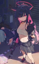 2girls absurdres alley animal_ears backpack bag belt black_belt black_choker black_hair black_hoodie black_mask black_nails black_shoes black_skirt blue_archive blue_hair blue_skirt breasts cat_ears chest_sarashi choker collarbone colored_inner_hair extra_ears fingernails gun hair_behind_ear hair_ornament hairclip halo highres hood hoodie ikky kazusa_(blue_archive) long_hair long_sleeves looking_at_viewer medium_breasts multicolored_hair multiple_girls nail_polish navel outdoors pink_eyes pink_hair pink_halo reisa_(blue_archive) rifle sarashi shoes skirt stomach two-tone_hair weapon