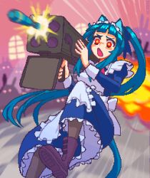 1girl alternate_costume ammunition animal_ears apron aqua_hair arched_window black_boots blue_dress boots commentary dress english_commentary enmaided explosion firing gun hcnone highres holding holding_rocket_launcher holding_weapon incendiary_ammunition juliet_sleeves long_sleeves m202_flash m235_incendiary_tpa maid motion_lines multiple-barrel_gun multishot_rocket_launcher open_mouth original penny_(hcnone) pixel_art ponytail puffy_sleeves rocket rocket_(projectile) rocket_launcher sleeve_cuffs solo speed_lines weapon white_apron window yellow_eyes