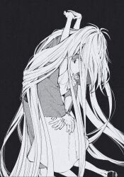 1boy 1girl absurdly_long_hair arms_up couple covered_eyes dress earrings face-to-face facing_another facing_down facing_up gegege_no_kitarou greyscale hetero hituji89tarou hug iwako_(gegege_no_kitarou) japanese_clothes jewelry kimono kiss kitarou_tanjou:_gegege_no_nazo kneeling long_hair long_sleeves medama_oyaji medama_oyaji_(human) monochrome obi open_mouth sash short_hair simple_background smile standing very_long_hair