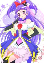 1girl arched_bangs ascot back_bow bare_shoulders black_gloves black_hat black_thighhighs bloomers blush bow bracelet breasts brooch checkered_background closed_mouth collarbone colorful_background commentary cowboy_shot crossed_legs cure_magical detached_sleeves diamond-shaped_brooch dress earrings elbow_gloves frilled_dress frills front_slit gloves gold_bracelet gold_earrings hair_bow hand_on_own_hip hand_up hat heart heart_background highres inward_v izayoi_liko jewelry layered_dress long_hair looking_at_viewer magical_girl mahou_girls_precure! mahou_girls_precure!!_mirai_days medium_breasts mini_hat mini_witch_hat momotarouooi patterned_background pink_background precure puffy_detached_sleeves puffy_sleeves purple_background purple_bloomers purple_dress purple_eyes purple_hair red_ascot red_bow sleeveless sleeveless_dress smile solo standing star_(symbol) star_symbol_background thighhighs tilted_headwear underbust underwear v watermark white_background witch_hat yellow_trim