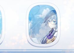 Rule 34 | 1girl, absurdres, artist name, ascot, blue eyes, blue hair, blue sky, brown jacket, chinese text, closed mouth, cloud, cloudy sky, detective, fu hua, fu hua (hawk of the fog), fu hua (valkyrie accipiter), grey hair, hair between eyes, high ponytail, highres, honkai (series), honkai impact 3rd, jacket, light smile, long hair, long sleeves, looking at viewer, monocle, off shoulder, official alternate costume, open clothes, open jacket, paper, ponytail, purple ascot, saya atang, shirt, simplified chinese text, sky, solo, white background, white shirt, window