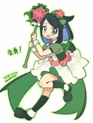 1girl :d alternate_costume black_shoes black_socks blue_eyes commentary cowlick dated full_body green_shirt hair_ornament happy highres holding leg_up light_blush liko_(pokemon) looking_at_viewer nintendo open_mouth outline pokemon pokemon_(anime) pokemon_horizons saridinism shirt shoes short_sleeves signature skirt smile socks solo white_background wrist_cuffs