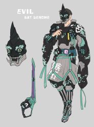 1boy 2021 20s adapted_costume adk-em alternate_costume aqua_sclera armor bandai bandai_namco bat_genome bbbb_fex black_horns black_mask black_nails boots character_name colored_sclera evilblade fangs gloves grey_background grey_footwear grey_gloves highres horns igarashi_daiji ishimori_prod japanese_armor japanese_clothes kagerou_(kamen_rider_revice) kamen_rider kamen_rider_evil kamen_rider_revice kunai mask nail_polish oni_mask rider_belt short_hair single_glove single_horn splatter splatter_print sword toei_company tokusatsu tv_asahi two_sidriver urban streetwear vistamp weapon yellow_eyes