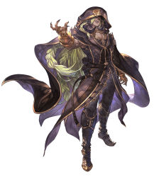 1boy armored_boots beelzebub_(granblue_fantasy) black_nails boots braid cleavage_cutout clothing_cutout dark-skinned_male dark_skin evil_smile full_body glowing granblue_fantasy granblue_fantasy_versus green_hair hidden_face hood male_focus minaba_hideo nail_polish official_art pectorals reaching red_eyes see-through_clothes simple_background smile solo transparent_background white_background