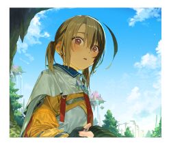 2girls black_nails blonde_hair blue_sky blush border brown_hair cape cloud cloudy_sky commentary cropped_hoodie english_commentary enigmatic_recollection female_pov floating_island gigi_murin gigi_murin_(1st_costume) highres hololive hololive_english hood hoodie jewelry looking_at_another medium_hair multiple_girls open_mouth orange_hoodie outdoors pink_eyes pov pov_hands ring shiori_novella shiori_novella_(1st_costume) shirt short_twintails sky standing tree twintails wet wet_hair white_border white_cape white_shirt yakimi_27 yuri