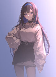 1girl absurdres arm_at_side belt belt_buckle black_belt black_choker black_hair black_pantyhose black_skirt blue_background blue_hairband bra_strap buckle chinese_commentary choker closed_mouth colored_inner_hair commentary_request cowboy_shot gradient_background grey_sweater hair_over_shoulder hairband hand_on_own_hip highres long_hair long_sidelocks long_sleeves looking_at_viewer miniskirt multicolored_hair off-shoulder_sweater off_shoulder pantyhose puffy_long_sleeves puffy_sleeves punishing:_gray_raven purple_eyes purple_hair redhood_(user_cnuy5452) selena_(pgr) sidelocks skirt sleeves_past_wrists smile solo standing sweater very_long_hair