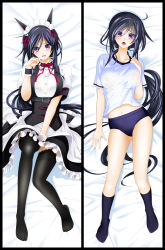 1girl ahoge animal_ears apron arm_under_breasts bed_sheet black_thighhighs blue_buruma blue_socks breasts buruma cat_ears chaos;child collar collarbone comiket_94 covered_erect_nipples covering_crotch covering_privates dakimakura_(medium) dress eibon embarrassed frilled_collar frilled_headwear frilled_skirt frilled_wristband frills garter_straps gym_shirt gym_shorts gym_uniform hair_between_eyes kneehighs kunosato_mio lace lace-trimmed_thighhighs lace_trim long_hair looking_at_viewer lying maid maid_headdress mayqueen_maid_uniform medium_breasts messy_hair midriff multiple_views navel neck_ribbon no_shoes on_back open_mouth paw_pose ribbon saliva saliva_trail see-through_clothes shirt shorts skirt socks solo thighhighs thighs_together tongue waitress white_shirt