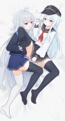 2girls absurdres asymmetrical_legwear black_hat black_sailor_collar black_shirt black_skirt black_thighhighs blue_eyes blue_hair blue_skirt closed_mouth commentary_request grey_hair hand_in_own_hair hat heterochromia hibiki_(kancolle) highres holding_another&#039;s_foot kantai_collection long_hair mismatched_legwear multiple_girls neckerchief no_shoes oc_x_canon on_bed open_mouth original pleated_skirt red_eyes red_neckerchief sailor_collar school_uniform serafuku shirt skirt smile thighhighs white_background white_shirt white_thighhighs wl217_(nicexa111) yuri