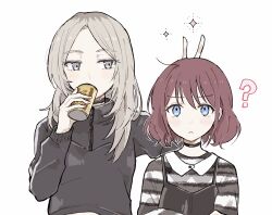2girls ? black_choker black_sweater blue_eyes brown_hair bunny_ears_prank can canned_coffee cho_nekura choker commentary drink_can girls_band_cry grey_eyes grey_hair highres holding holding_can iseri_nina kawaragi_momoka long_hair multicolored_hair multiple_girls roots_(hair) short_hair simple_background sweater upper_body white_background