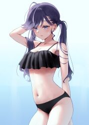 Rule 34 | 1girl, ahoge, blue background, blue eyes, breasts, cleavage, collarbone, enu illustip, gakuen idolmaster, gradient background, highres, idolmaster, kaya rinha, large breasts, long hair, navel, purple hair, solo, stomach, twintails