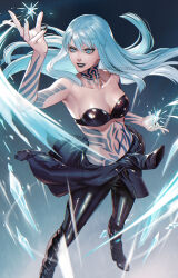 &gt;:) 1girl arm_tattoo arm_up artist_name bare_arms bare_shoulders belt black_belt black_boots black_bra black_eyeliner black_eyeshadow black_jacket black_lips black_nails black_pants blue_eyes blue_hair boots bra breasts cleavage clothes_around_waist collarbone commentary_request cryokinesis dated devil_summoner:_soul_hackers devil_summoner_(series) eyeliner eyeshadow foot_out_of_frame grin hair_between_eyes high_heel_boots high_heels highres ice jacket jacket_around_waist leather leather_jacket leather_pants light_blue_hair lipstick long_hair looking_to_the_side magic makeup medium_breasts nail_polish navel neck_tattoo nemissa open_hand pants parted_lips sidelocks smile solo standing stomach_tattoo strapless strapless_bra tattoo teeth underwear unworn_belt v-shaped_eyebrows wind yorita_(kick_knock) zipper