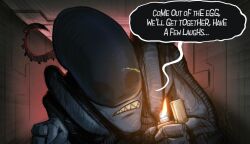 1other air_duct alien_(series) black_skin blood blood_on_face clenched_hand colored_skin commentary crawling devilhs die_hard english_commentary english_text fewer_digits lighter no_eyes parody scene_reference sharp_teeth solo speech_bubble tail teeth xenomorph zippo_lighter