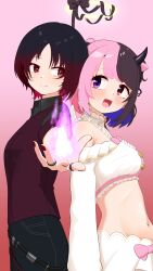 Rule 34 | 2girls, :s, absurdres, amaki pururu, back-to-back, bare shoulders, belt, black hair, blue hair, blush, breasts, brown hair, colored inner hair, commentary request, cowboy shot, cropped shirt, fangs, fire, foreshortening, frilled shirt, frills, gradient hair, halo, happyundergate, heterochromia, highres, horns, jewelry, kisaragi ren (vtuber), long sleeves, medium breasts, midriff, multicolored hair, multiple girls, nail polish, navel, off-shoulder shirt, off shoulder, open mouth, outstretched arm, pink background, pink hair, purple eyes, purple fire, red eyes, red hair, red nails, reject (esports), ring, shirt, short hair, simple background, single horn, smile, split-color hair, two-tone hair, two side up, vest, virtual youtuber, vspo!