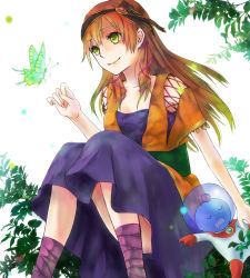 1girl bad_id bad_pixiv_id bare_arms blue_sash blush breasts bug butterfly chrono_cross cleavage clenched_hands clothes_lift dress facing_another fantasy female_focus gem green_eyes hair_ornament hair_ribbon hairband hetero hoshi_no_ko insect jewelry leaf leena_(chrono_cross) lifting_another&#039;s_clothes long_hair medium_breasts orange_hair purple_ribbon red_hair ribbon sash sidelocks simple_background sitting sketch skirt skirt_lift smile solo solo_focus straight_hair upskirt white_background