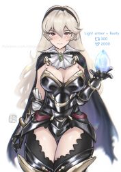 1girl absurdres armor armored_leotard black_armor black_hairband blush breasts cape chascoby cleavage closed_mouth dragonstone female_corrin_(fire_emblem) female_corrin_(nohr_noble)_(fire_emblem) fire_emblem fire_emblem_fates fire_emblem_heroes gauntlets gloves grey_hair hair_between_eyes hairband highres holding large_breasts leotard long_hair looking_at_viewer medium_breasts nintendo official_alternate_costume pointy_ears red_eyes simple_background solo thick_thighs thighhighs thighs white_hair