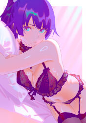 Rule 34 | 1girl, armpit crease, bed sheet, blue eyes, bra, breasts, choker, closed mouth, cowboy shot, frilled choker, frills, garter straps, highres, lace trim, large breasts, lingerie, long hair, looking at viewer, monogatari (series), navel, panties, pillow, pink background, ponytail, purple bra, purple choker, purple hair, purple panties, rapa rachi, senjougahara hitagi, solo, stomach, underwear