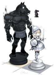 1boy 1girl abs animal_head armor armored_dress blonde_hair board_game chess chess_piece commentary dress english_commentary feathered_helmet furry furry_with_non-furry height_difference highres holding holding_shield holding_sword holding_weapon horse_boy interspecies knight_(chess) kvxart large_pectorals medium_hair monster_boy muscular muscular_male nipples original pawn_(chess) pectorals scared shield sword topless_male wavy_mouth weapon
