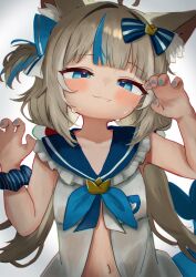 Rule 34 | 1girl, :3, absurdres, ahoge, animal ears, blue eyes, blue hair, blue nails, blue sailor collar, bow, breasts, cat ears, claw pose, closed mouth, delfino, dress, fang, fang out, grey hair, highres, indie virtual youtuber, looking at viewer, multicolored hair, nail polish, navel, one side up, open clothes, open dress, sailor collar, sameko saba, simple background, small breasts, solo, streaked hair, upper body, virtual youtuber, white background, white dress