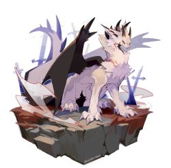 black_horns black_wings claws dated dg_jia dragon floating_island full_body highres horns monster monster_focus no_humans orange_eyes original scar scar_on_shoulder simple_background solo spikes spines white_background white_fur wings