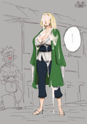 1boy 1girl 2020 ass blonde_hair breasts bukkake cum gutaigutai highres huge_breasts licking naruto_(classic) naruto_(series) short_hair sketchy text_focus translation_request tsunade_(naruto) uzumaki_naruto