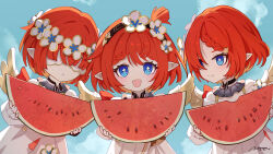 3girls absurdres ai_dongdong angel_wings black_hair blue_eyes blue_sky closed_mouth cross-shaped_pupils dress elf eye_mask flower food fruit hair_flower hair_ornament head_wreath highres holding holding_food holding_fruit holding_watermelon honkai:_star_rail honkai_(series) looking_at_viewer multiple_girls open_mouth pointy_ears sky symbol-shaped_pupils trianne_(honkai:_star_rail) tribbie_(honkai:_star_rail) trinnon_(honkai:_star_rail) triplets watermelon watermelon_slice white_dress wings