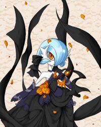 alternate_color amaranthnymph black_dress black_gloves blue_hair bob_cut colored_skin dress elbow_gloves gardevoir gen_3_pokemon gloves hair_over_one_eye highres mega_gardevoir mega_pokemon nintendo orange_eyes orange_petals petals pokemon pokemon_(creature) shiny_pokemon strapless strapless_dress white_skin