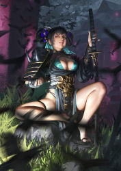 1girl armor bird black_hair breasts brown_eyes fingernails forest hair_ribbon highres katana leg_band long_fingernails nail_polish nature ribbon sandals smile sword vergilhoo weapon