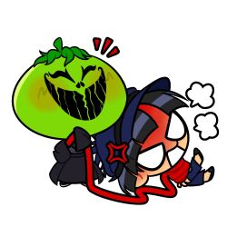 1boy 1girl anger_vein angry bdsm black_hair bondage bound chibi chibi_only femdom highres laughing maruko_gaku mask mask_on_head oosuzuki_kurara open_mouth simple_background smile the_hundred_line_-last_defense_academy- tomato white_background