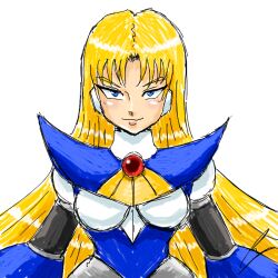 android armor berkana_(mega_man) blonde_hair blue_armor blue_eyes borockman breastplate breasts chest_jewel hair_between_eyes headphones helmet joints large_breasts lipstick long_hair makeup mechanical_arms mega_man_(series) mega_man_x_(series) mega_man_xtreme_2 no_headwear pink_lips plate_armor robot robot_girl robot_joints shoulder_armor shoulder_spikes sidelocks simple_background spikes turtleneck unworn_headwear unworn_helmet white_background