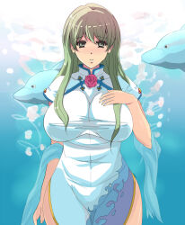 Rule 34 | 1girl, akanegasaki sora, breasts, china dress, chinese clothes, dolphin, dress, ever 17, flower, green eyes, green hair, highres, huge breasts, long hair, moriya, open mouth, pelvic curtain, rose, shawl, side slit, solo, very long hair