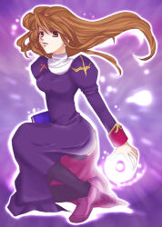 1girl 2000s_(style) black_thighhighs book breasts brown_eyes brown_hair commentary_request cross cross_necklace dated_commentary dress full_body holding holding_book jewelry juliet_sleeves koma_(bluesun) long_hair long_sleeves looking_at_viewer magic medium_breasts necklace open_mouth priest_(ragnarok_online) puffy_sleeves purple_background purple_dress ragnarok_online shoes side_slit solo thighhighs