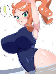 1girl absurdres amrbatafri breasts from_below highres large_breasts nintendo pokemon pokemon_swsh school_swimsuit sonia_(pokemon) swimsuit thighs
