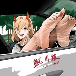 1girl barefoot blonde_hair blush car chainsaw_man feet feet_up highres horns long_hair motor_vehicle nail_polish open_mouth power_(chainsaw_man) sharp_teeth soles teeth toenail_polish toenails toes tongue tongue_out yellow_eyes you_chuan_hui