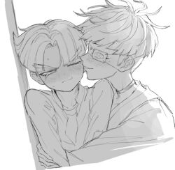 2boys arm_around_waist blush closed_mouth collared_jacket commentary_request crew_neck cropped_torso crying curtained_hair dot_nose eyepatch greyscale jacket long_sleeves male_focus maruko_gaku medical_eyepatch monochrome multiple_boys natto_rain omokage_yugamu one_eye_closed open_clothes open_jacket parted_hair parted_lips shirt short_sideburns tears the_hundred_line_-last_defense_academy- white_background yaoi