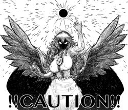 ! !! 1girl arm_up bare_arms bird_wings blank_eyes bow breasts cape caution collared_shirt covered_erect_nipples cowboy_shot energy exabyte_(parallax05) faceless female_focus frilled_shirt frills greyscale hair_between_eyes hair_bow hand_up highres impossible_clothes impossible_shirt index_finger_raised large_breasts long_hair looking_at_viewer monochrome reiuji_utsuho shirt short_sleeves skirt slit_pupils solo spread_wings starry_sky_print third_eye touhou v-shaped_eyes wings