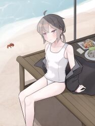 1girl ahoge amoncheeto beach blush brown_jacket crab flat_chest girls&#039;_frontline grey_hair highres jacket jacket_partially_removed legs light_smile looking_at_viewer m200_(girls&#039;_frontline) one-piece_swimsuit open_clothes open_jacket ponytail purple_eyes shore sitting sitting_on_table smile swimsuit table tagme white_one-piece_swimsuit