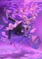 Rule 34 | 1girl, apple, black camisole, black choker, black skirt, black socks, blurry, blurry foreground, bubble, camisole, chain, character request, choker, coat, coffee mug, cup, floating hair, food, fruit, full body, hair ornament, hairclip, hands up, highres, kneehighs, layered skirt, long hair, long sleeves, mug, mumat 39, notebook, origami, own hands together, pink hair, project sekai, purple background, purple theme, red eyes, shirt, shoes, skirt, sleeves past wrists, sneakers, socks, solo, star (symbol), star hair ornament, stuffed animal, stuffed rabbit, stuffed toy, submerged, tenma saki, thigh strap, toothbrush, toothpaste, underwater, unworn coat, water, white coat, white shirt, white shoes