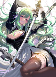 1girl absurdres alternate_costume apron arms_up assault_rifle black_dress black_thighhighs blush breasts center_cross_lace cleavage cleavage_cutout clothing_cutout collared_dress commentary_request commission dress enmaided eyelashes frilled_apron frilled_thighhighs frills garter_straps gloves green_hair grin gun hair_spread_out handgun highres holding holding_sword holding_weapon juliet_sleeves katana lace lace_panties large_breasts long_dress long_hair long_sleeves looking_at_viewer maid maid_apron maid_headdress messy_hair midnamana mole mole_on_breast mouth_hold panties panty_peek puffy_sleeves purple_eyes purple_ribbon ribbon ribbon_in_mouth rifle simple_background sleeve_cuffs smile solo swept_bangs sword teeth textless_version thighhighs torn_clothes torn_dress torn_thighhighs underwear virtual_youtuber vspo! weapon white_apron white_background white_gloves white_sleeve_cuffs yakumo_beni