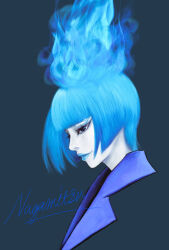 1girl ancient_greek_clothes animification blue_fire blue_hair blue_lips closed_mouth disney disneyland fiery_hair fire formal_clothes from_side greco-roman_clothes hades_(disney) hercules_(1997_film) highres himation lipstick long_sleeves makeup mame4ba ms._hades short_hair simple_background solo suit