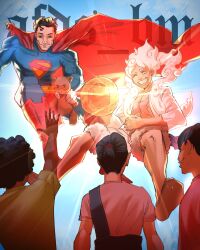 afdsbm artist_name belt black_hair blue_bodysuit blue_eyes bodysuit boots cape closed_eyes cloud commentary crossover dc_comics dc_universe_(franchise) english_commentary gear_fifth hat highres holding holding_stuffed_toy jacket monkey_d._luffy one_piece open_clothes open_jacket reaching reaching_towards_another red_boots red_cape sandals scar smile straw_hat stuffed_animal stuffed_toy sunlight superman superman_(2025) teddy_bear white_hair
