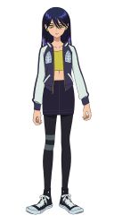 1girl black_hair black_shoes black_skirt blue_jacket earrings full_body gundam gundam_gquuuuuux highres jacket jewelry leggings long_hair looking_at_viewer midriff miniskirt nyaan_(gundam_gquuuuuux) official_art open_clothes open_jacket shoes simple_background skirt sneakers solo standing strapless thigh_strap transparent_background tube_top white_sleeves yellow_eyes yellow_tube_top