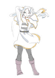 1girl absurdres arm_behind_head arms_up belt belt_buckle black_belt black_pantyhose blue_eyes boots brown_boots buckle capelet earrings elf forehead frieren full_body highres jewelry long_hair long_sleeves one_eye_closed pantyhose parted_bangs pointy_ears seila_rei shirt short_eyebrows simple_background skirt solo sousou_no_frieren standing striped_clothes striped_shirt thick_eyebrows twintails white_background white_capelet white_hair white_skirt