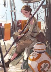 Rule 34 | 1girl, bb-8, boots, brown eyes, brown hair, brown pants, detached sleeves, grey robe, hair bun, highres, holding, holding polearm, holding weapon, light smile, looking at viewer, ooi choon liang, pants, polearm, rey (star wars), robe, robot, sitting, sketch, star wars, star wars: the force awakens, updo, weapon