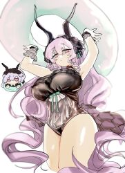 Rule 34 | 1girl, arknights, black bow, bow, breasts, chibi, highres, holding, holding swim ring, horns, innertube, large breasts, long hair, one-piece swimsuit, purple eyes, purple hair, renka (renxka), swim ring, swimsuit, thighs, typhon (arknights), typhon (temperature difference) (arknights)