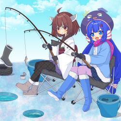 2girls :d ahoge back_bow black_gloves black_leggings blue_eyes blue_hair blue_skirt blue_sky boots bow braided_twintails brown_hair bucket bucket_of_water can checkered_clothes checkered_skirt closed_mouth cloud coat eel_hat fang fish fishing fishing_rod full_body fur-trimmed_boots fur-trimmed_coat fur_trim gloves hair_bow highres holding holding_fishing_rod ice ice_fishing japanese_clothes kakikeke kimono knife_hair_ornament leggings long_hair multiple_girls obi open_mouth otomachi_una outdoors pink_leggings pink_scarf pleated_skirt purple_skirt red_eyes sash scarf short_hair skin_fang skirt sky smile sweatdrop touhoku_kiritan unused_tire vocaloid voiceroid white_kimono winter winter_clothes
