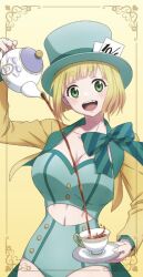 1girl blonde_hair breasts cleavage green_eyes hat large_breasts mato_seihei_no_slave navel official_art open_mouth smile solo suruga_shushu tea_cup