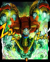 1other absurdres artist_name aura black_border border clawed_hands commentary devil_gundam extra_arms g_gundam glowing glowing_eyes green_eyes gundam highres joints mecha mecha_focus moyan procreate_(medium) robot robot_joints science_fiction signature solo sound_effects v-fin western_comics_(style)