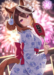 aerial_fireworks animal_ears blurry blurry_background blush braid breasts brown_hair clothing_cutout commentary_request depth_of_field fireworks floral_print flower hair_between_eyes hair_bun hair_flower hair_ornament hand_fan holding horse_ears horse_girl horse_tail japanese_clothes kimono long_sleeves looking_at_viewer looking_to_the_side mauve medium_breasts multicolored_hair night night_sky obi outdoors paper_fan print_kimono purple_eyes sash sky smile symboli_rudolf_(umamusume) tail tail_through_clothes two-tone_hair uchiwa umamusume white_flower white_hair white_kimono wide_sleeves