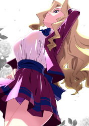 absurdres blazer blonde_hair bow cowboy_shot flower frilled_panties frills from_below hand_on_own_head highres jacket kakyuusei kakyuusei_(series) kakyuusei_school_uniform long_hair long_sleeves looking_at_viewer looking_down miniskirt open_clothes panties pantyshot parted_bangs parted_lips pleated_skirt purple_eyes purple_panties school_uniform shindou_reiko shirt skirt toku_sonchou underwear upskirt waist_bow wavy_hair white_flower white_shirt