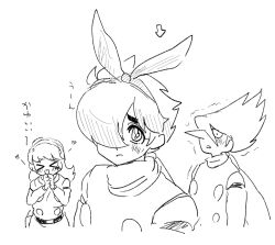 &gt;_&lt; 1girl 2boys blush bow coat cyborg cyborg_009 francoise_arnoul hair_over_one_eye hairband hand_on_own_cheek hand_on_own_face jet_link long_hair looking_at_viewer multiple_boys open_mouth scarf shimamura_joe smile white_bow white_coat white_hairband white_scarf y02skman